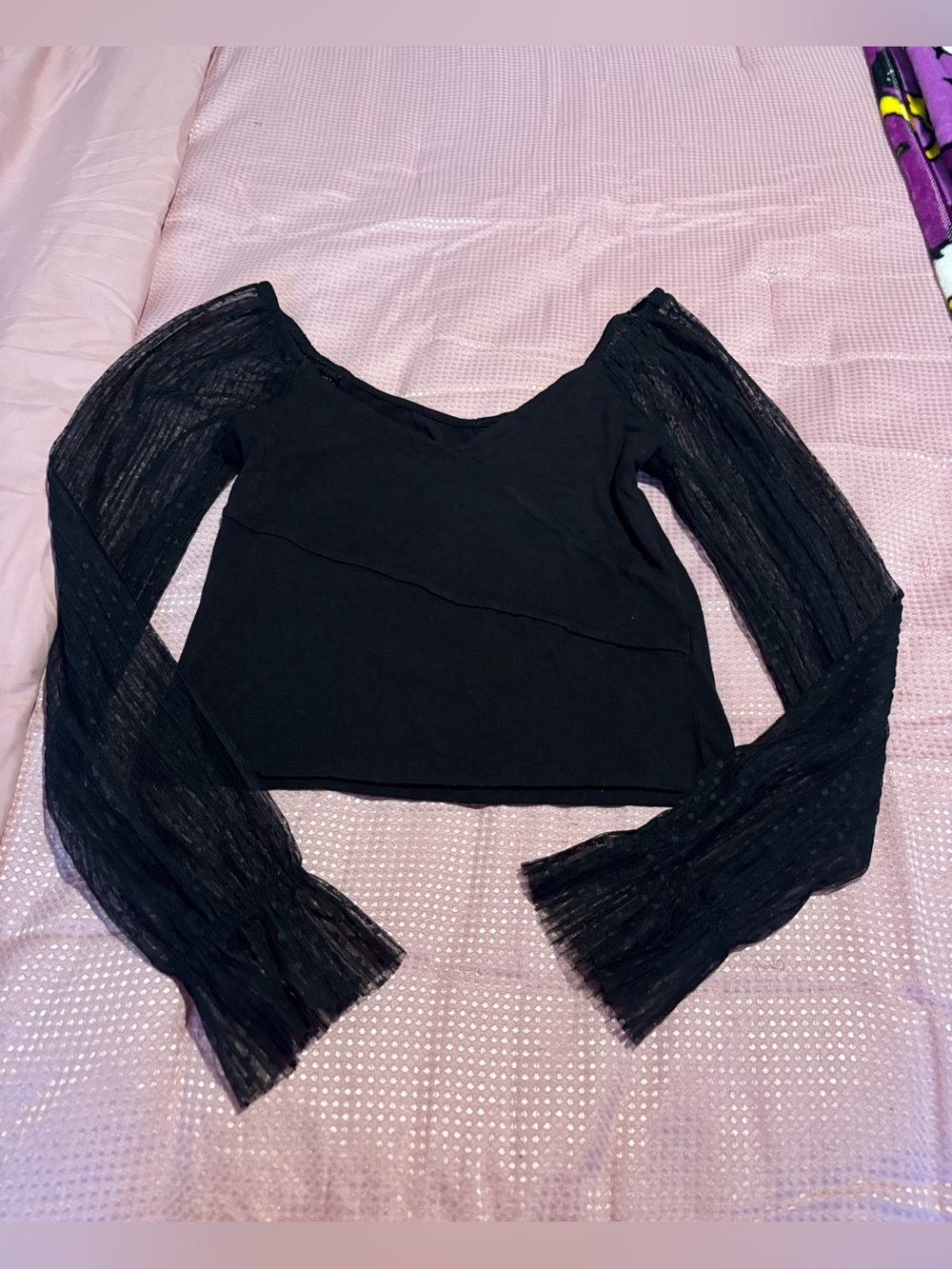 Almost Famous Black Crop Top with Sheer Long Sleeves Size S